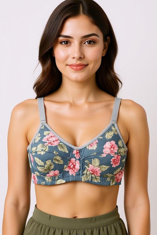 Printed Cotton Bra Blue with Pink Flowers