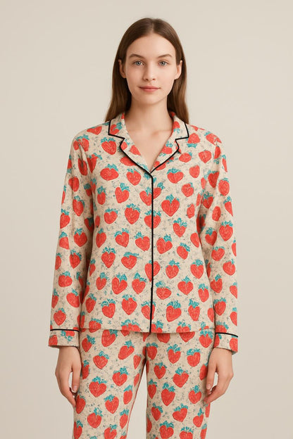 Spring and Autumn Style Women's Soft Homewear Set - Women's Casual Sleepwear - Soft and Melted Strawberry Two-Piece Set - Sleepwear