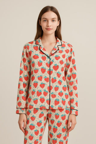 Spring and Autumn Style Women's Soft Homewear Set - Women's Casual Sleepwear - Soft and Melted Strawberry Two-Piece Set - Sleepwear